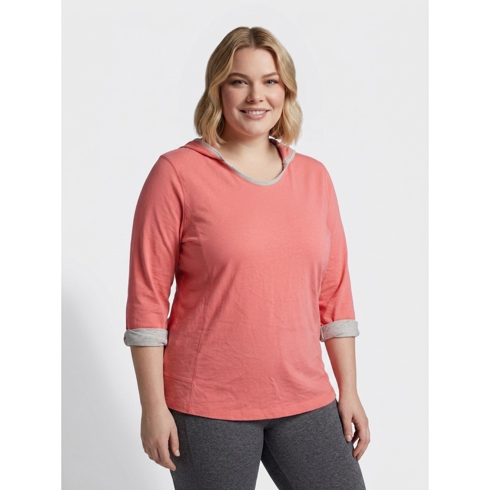 Weekends by Chico's Hoodie Top Women Size‎ 2 Coral Pink Excellent 3/4 Sleeve